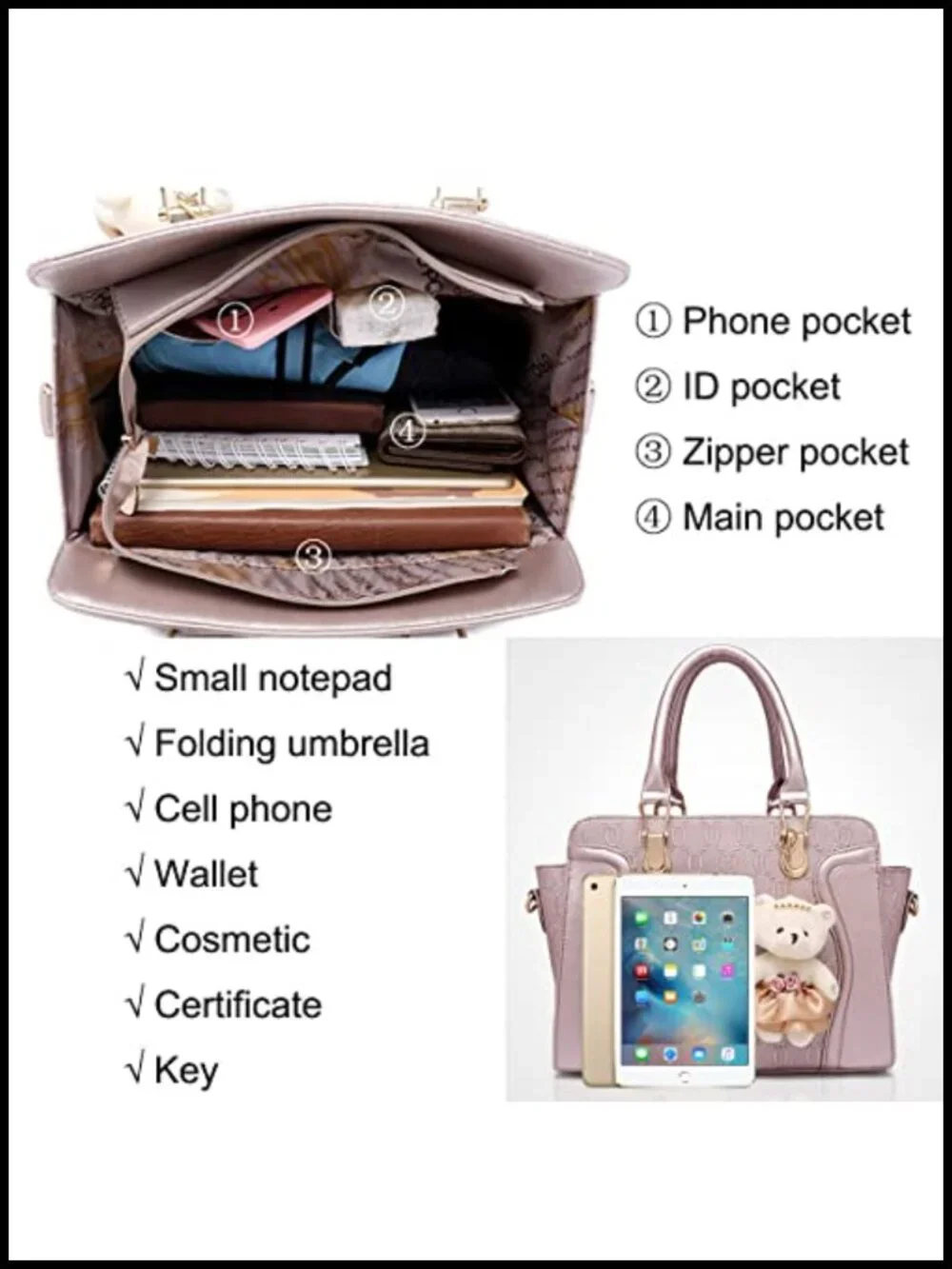 Faux Leather Top Handle Satchel Tote Bag Set 4 pcs Chain Texture
